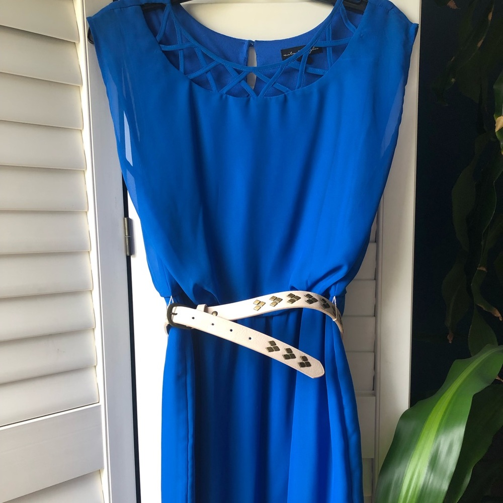 Electric Blue Mini dress. Beautiful neckline and belt detail. Small